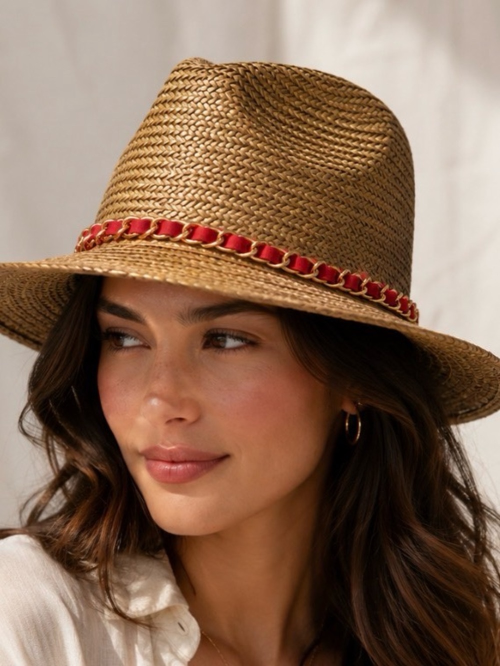 Juicy Couture Tan Woven Fedora with Red Chain Trim
